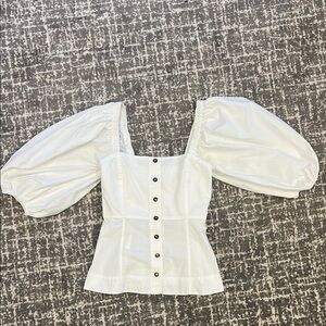 Ganni White Puff Sleeve Square Neck Blouse